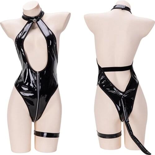 Sexy Anime Girls Hollow Costumes Women Halter Neck Zipper Crotch Leotard Bodysuit Wild Cat Cosplay Outfit Drop Ship