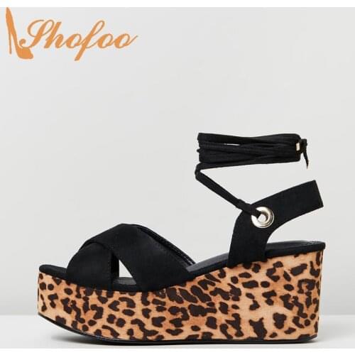 Shofoo Black Leopard Sandals Lace Up Cross Tied Platform Super High Wedges Heels Large Size 12 15 Ladies Summer Fashion Shoes