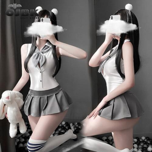 Sexy Lingerie Cheer Learder Cosplay Costumes One Piece Bodysuit Teddy With Mini-Skirt Sailor Moon Outfit Gray White Erotic Set