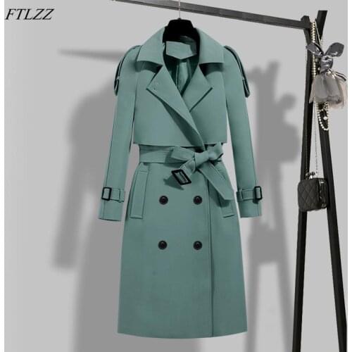 FTLZZ New Autumn Winter Elegant Women Double Breasted Solid Trench Coat Vintage Turn-down Collar Warm Trench with Belt