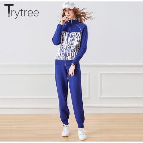 Trytree Autumn Winter Two Piece Woman Set Casual Letters Zipper Cardigan+ Elastic Waist Pants Pockets Knitted Set 2 Piece Set