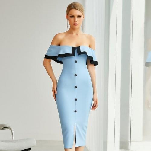 High Quality Light Blue Off The Shoulder Ruffles Bodycon Rayon Bandage Dress Elegant Club Party Dress Vestidos