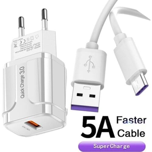 USB Charger Quick Charger QC 3.0 USB Type C Fast Charger For Huawei P50 P40 P30 Mate 40 30 Pro Samsung S21 Phone EU Plug Cable