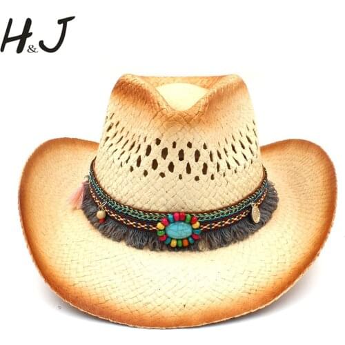 Fashion Women Western Cowboy Hat With Tassel Ribbon Handmade Weave Lady Beach Sun Sombrero Mesh Cowgirl Hat Size 58CM