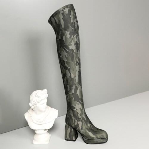 OLOMLB Womens Over The Knee Boots Camouflage Stretchy Printed Gothic Chunky High Heel Shoes Sexy Custom Made Colors Size 34-44