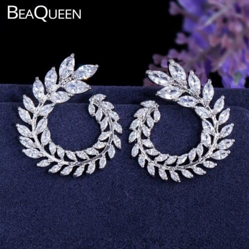 BeaQueen Shining Big Leaf Cubic Zirconia Stud Earrings Fashion Brand Marquise Stone Olive Branch Jewelry for Women E243