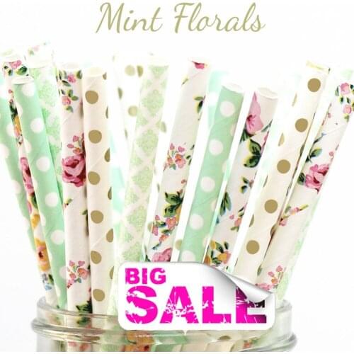 100pcs Mixed Colors Mint Florals Drinking Paper Straws,Gold and Mint Swiss Dot,Mint Damask,Colorful Flower,Floral Wedding,Bridal