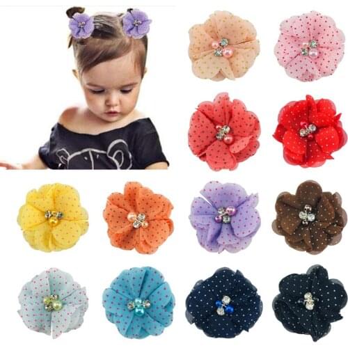 30pcs/30pairs 2Inch Dot Printed Chiffon Flowers With Rhinestone Pearl Baby Girls Alligator Hairpins Boutique Hair Accessories