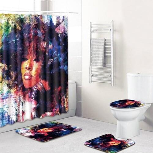 4pcs/set Shower Curtain Bath Mat Set African Woman Pattern Pedestal Rug Lid Toilet Cover Anti-slip Mat Bathroom Curtains