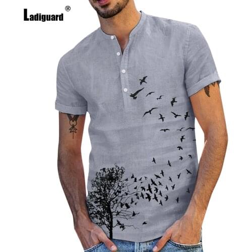 Plus Size Men Shirt blusas Sexy Mens clothing 2021 Single-breasted Top Model Feather Birds Print Blouse Summer Casual Pullovers