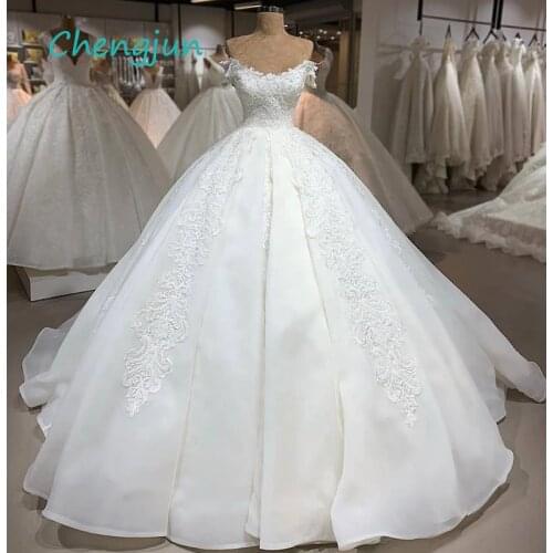 Chengjun V Neck Off SHoulder Organza Lace Appliques Ball Gown Luxury Wedding Gowns