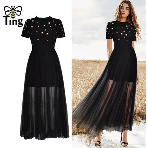 Tingfly Designer Vogue Chic Button Decor Beaded Knitted Sweater Top & Mesh Midi Skirts Women Fashion Casual 2 Pcs Sets Outfit