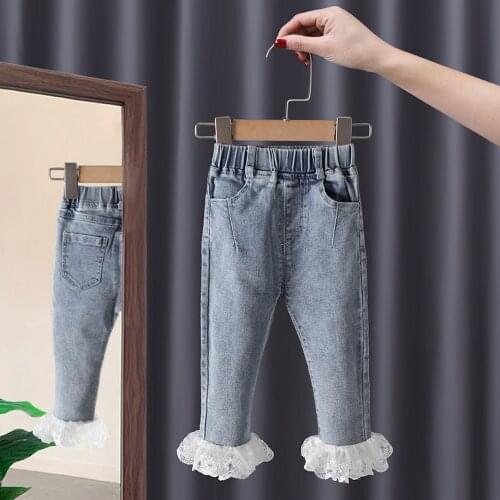 Baby Girls Jeans 2021 New Spring Elastic Waist Lace Denim Pants Autumn Toddler Kids Trousers Children Casual Clothing