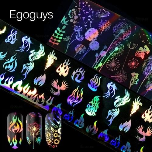 Holographic Shining Flame Flower DIY Nail Art Sticker Dandelion Geometric Decorations Decals Water Transfer Laser Foils Manicure
