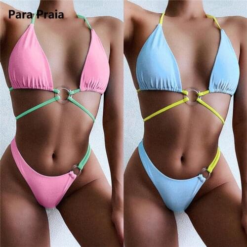 Para Praia Patchwork Bikini Set Ring Bandage Swimwear Brazilian Swimsuit Women Thong Swimsuit Push Up Bathing Suit for Women