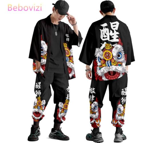 Chinese Style Japanese Samurai Harajuku Kimono 2 Pcs Suit Plus Size XS-6XL Loose Cardigan Women Men Cosplay Yukata Pants Set