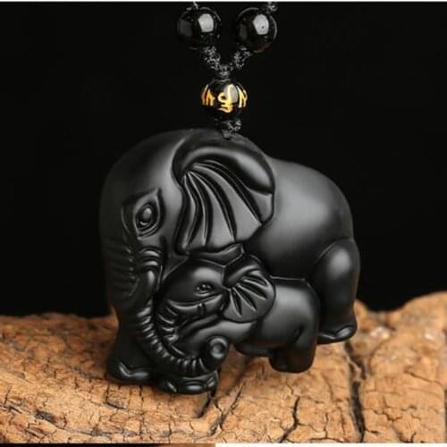 100% Obsidian Stone Mother Elephant Pendant Jewelry Fine Jewelry to ward off Evil Auspicious Safe men and women Necklace Pendant