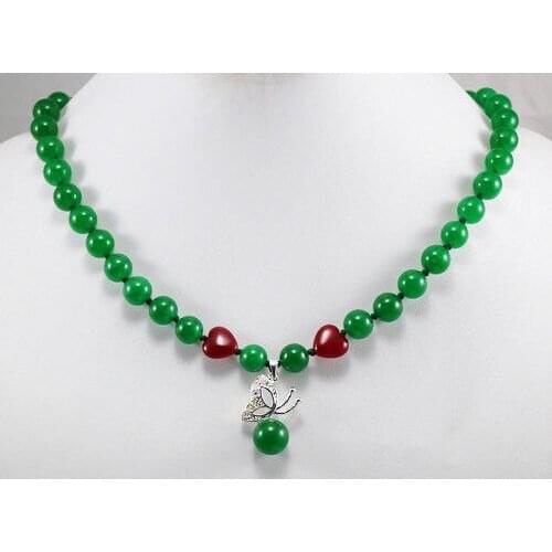 Natural 8mm Green red Stone Shell Pearl Necklace Pendant 18"
