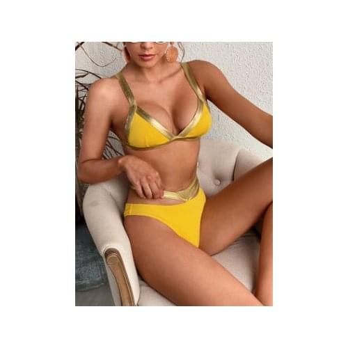 New Sexy Ribbed Splicing High Waist Swimsuit Women Swimwear Two-pieces Bikini Set Suit Swim Two Pieces Cn(origin) Polyester