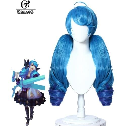 ROLECOS LOL Gwen Cosplay Wig Game LOL Gwen Cosplay Wig Women Headwear Blue Long Wavy Hair Synthetic Hair Heat Resistant Wig