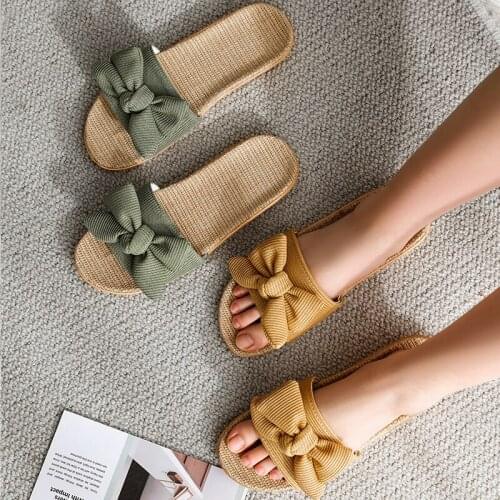 Household Deodorant Linen Slippers Women Cute Bowknot Female Sandals Four Seasons Non-slip Wear-resistant Couple Home Slippers