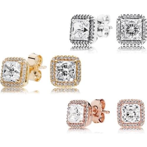 Timeless elegance S925 silver sterling silver rose gold yellow square stud earrings set with zircon Thai silver earrings