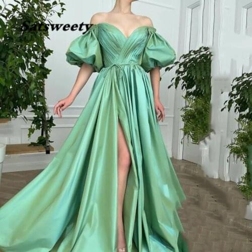 Green Sweetheart Prom Dresses Puff Sleeve Arabic Special Occasion Dresses High Split Evening Party Gowns Elegant Vestido De Gala