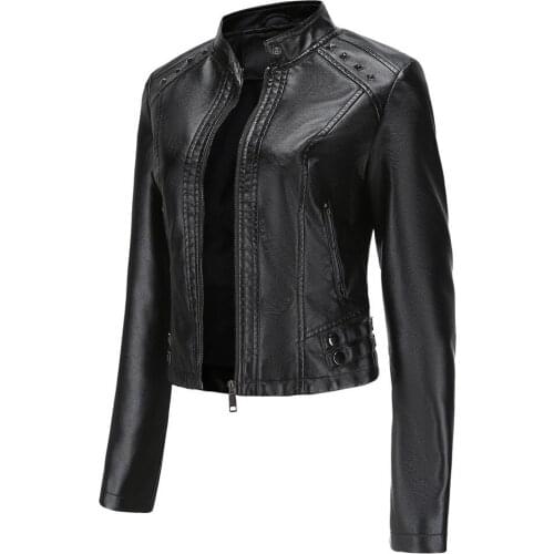 2021 New Spring Autumn Rivet Leather Lacket Women Slim Short Motor Biker Coat Sexy PU Outwear