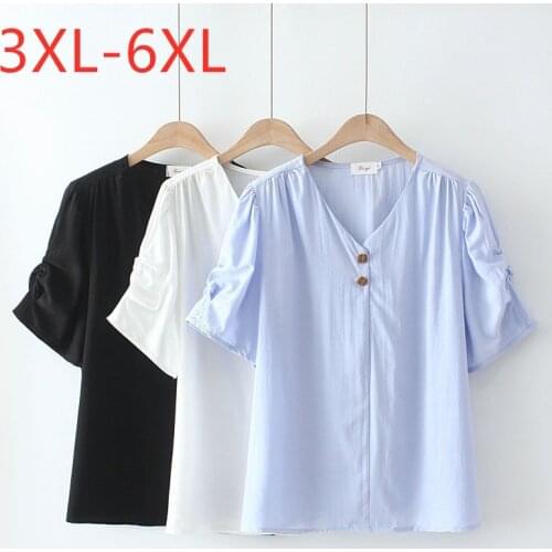 New 2021 Ladies Summer Plus Size Tops For Women Large Blouse Short Sleeve Loose Black Blue V-neck Chiffon Shirt 3XL 4XL 5XL 6XL