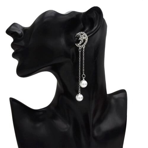 New Luxury Bridal Full Crystal Star Moon Pendant Earrings for Women Long Tassel Pearl Statement Drop Earrings Girl Party Gift