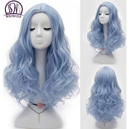 MSIWIGS Long Wavy Blue Cosplay Wig for Women Lolita Synthetic Middle Line Female Heat Resistant Fiber