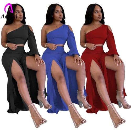 Off Shoulder Women 2 Piece Set Solid Long Sleeve Crop Top High Waist Wide Leg Pants Matching Set 2021 Autumn Sexy Party Outfits
