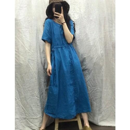 Women Loose Solid Color Linen Dress Ladies Patchwork Flax Vintage Dress Female 2020 Retro Summer Dresses