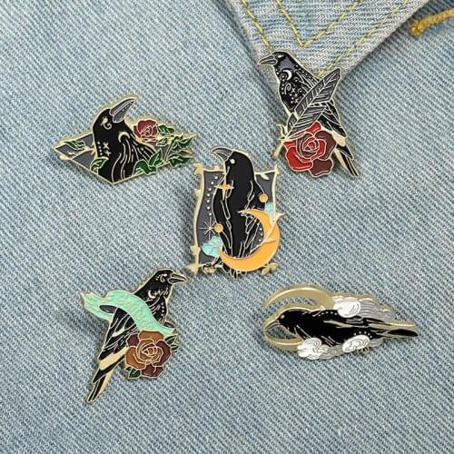 Punk Badge Gothic Jewelry Gift Crow Raven Enamel Pin Custom Bird Feather Moon Flowers Brooches for Friends Bag Lapel Pin