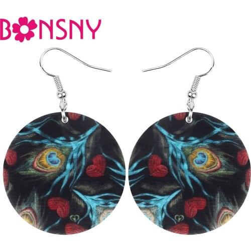 Bonsny Acrylic Heart Round Black Peafowl Feather Earrings Big Bird Animal Dangle Drop Jewelry For Women Girls Classic Party Gift