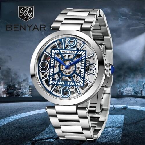 BENYAR Top Brand Men Fashion Mechanical Watch Double Sided Hollow Stainless Steel Mens Waterproof Clock Reloj Hombre 2021 New