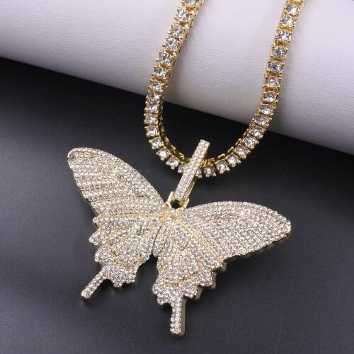 1 row tennis chain big size butterfly charm pendant rose gold silver color hip hop men women necklace dancer bling gift jewelry