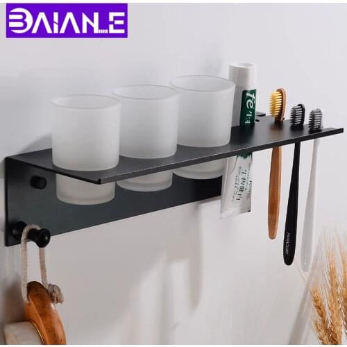 Toothbrush Holder Black Space Aluminum Bathroom Accessories Toothbrush Holder Set with Three Cup Wall Mounted Shelves with Hooks