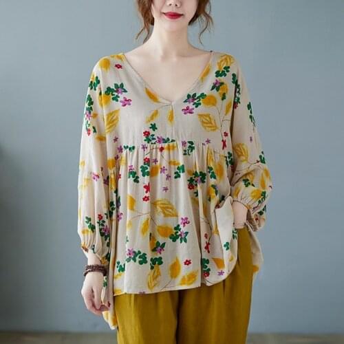 Oversized Women Cotton Linen Casual T-shirts New 2021 Summer Vintage Style V-neck Floral Print Loose Female Tops Tees B487