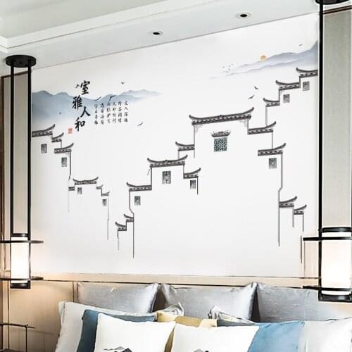 Chinese Ink Landscape Wall Stickers Living Room Decoration Sofa Backdrop Decal Bedroom Wallpaper Ancient Style Office Decor