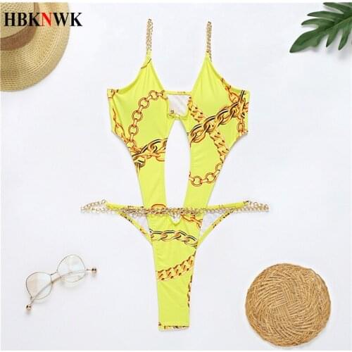 Sexy Printed One Piece Swimsuits Female Chain Monokini Swimwear Women Tummy Cut Out Swim Bathing Suit Summer Beach wear Bather