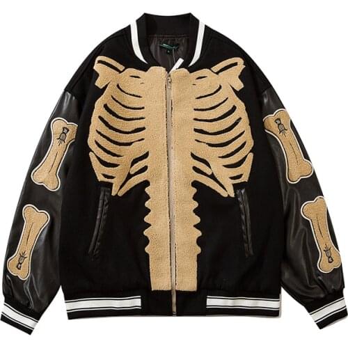 Furry Bone Patchwork Varsity jacket Men Women Skeleton Print Hip Hop Streetwear College Bomber Jacket Mens Harajuku Bomber Coats