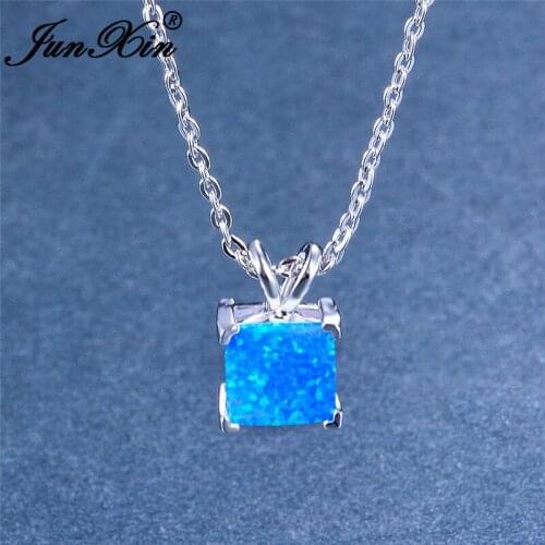Minimalist Geometric Square Pendant Blue White Fire Opal Necklaces For Women Silver Color Wedding Clavicle Necklace Jewelry