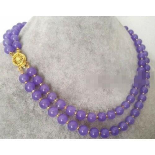 Fashion 2Rows 8mm Natural Lavender Jade Gemstone Round Beads Necklace