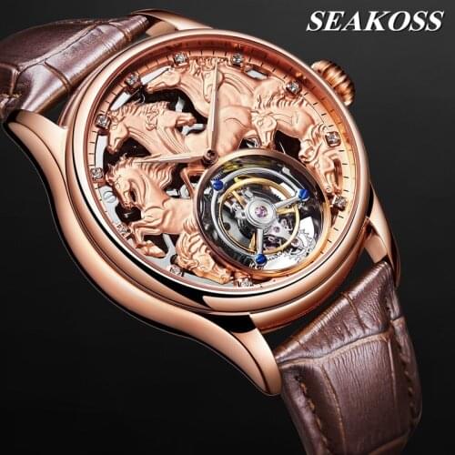 Top Brand Men Tourbillon Mechanical Watch Zodiac Horse Skeleton 24K Gold Leather Mens Seagull Tourbillon Watches Support Custom