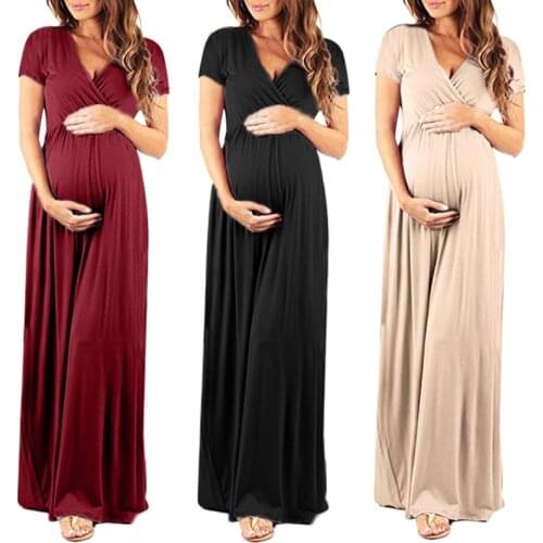 New Sexy V-neck Short-sleeved Pleated Elastic Waist and Big Hem Long Dress for Pregnant Women To Take Pictures of Pregnant Women