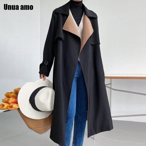 Unua amo Autumn Womens Temperament Black Long Trench Coat Casual Loose Outwear Female Chic Lace-up Windbreaker Abrigos Mujer