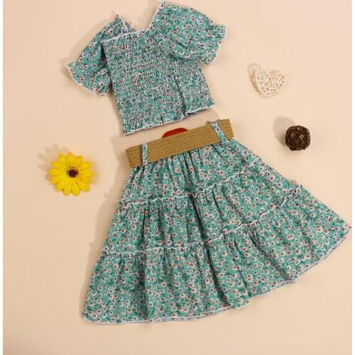 Girls Casual Three-piece Clothes Set, Short Sleeve Crop Tops, Long Skirt and Waistband, Khaki/ Lake Green