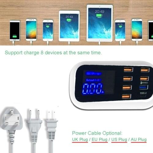 QC3.0 TYPE-C Smart LED Display 8 USB USB-C port Mobile Charger For iPhone Samsung Huawei Xiaomi AC Adapter EU US UK AU Plug
