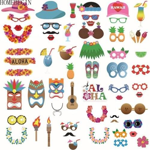 HOMEBEGIN 60pcs Tropical Summer Photo Booth Props Seaside Hat Hula Skirt Photo Props Hawaii Carnival Party Decoration Supplies